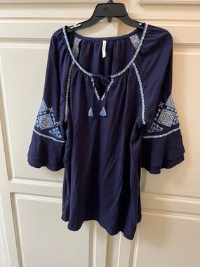 Southern Tide Navy Tunic with Light Blue Embroidery and Tassels